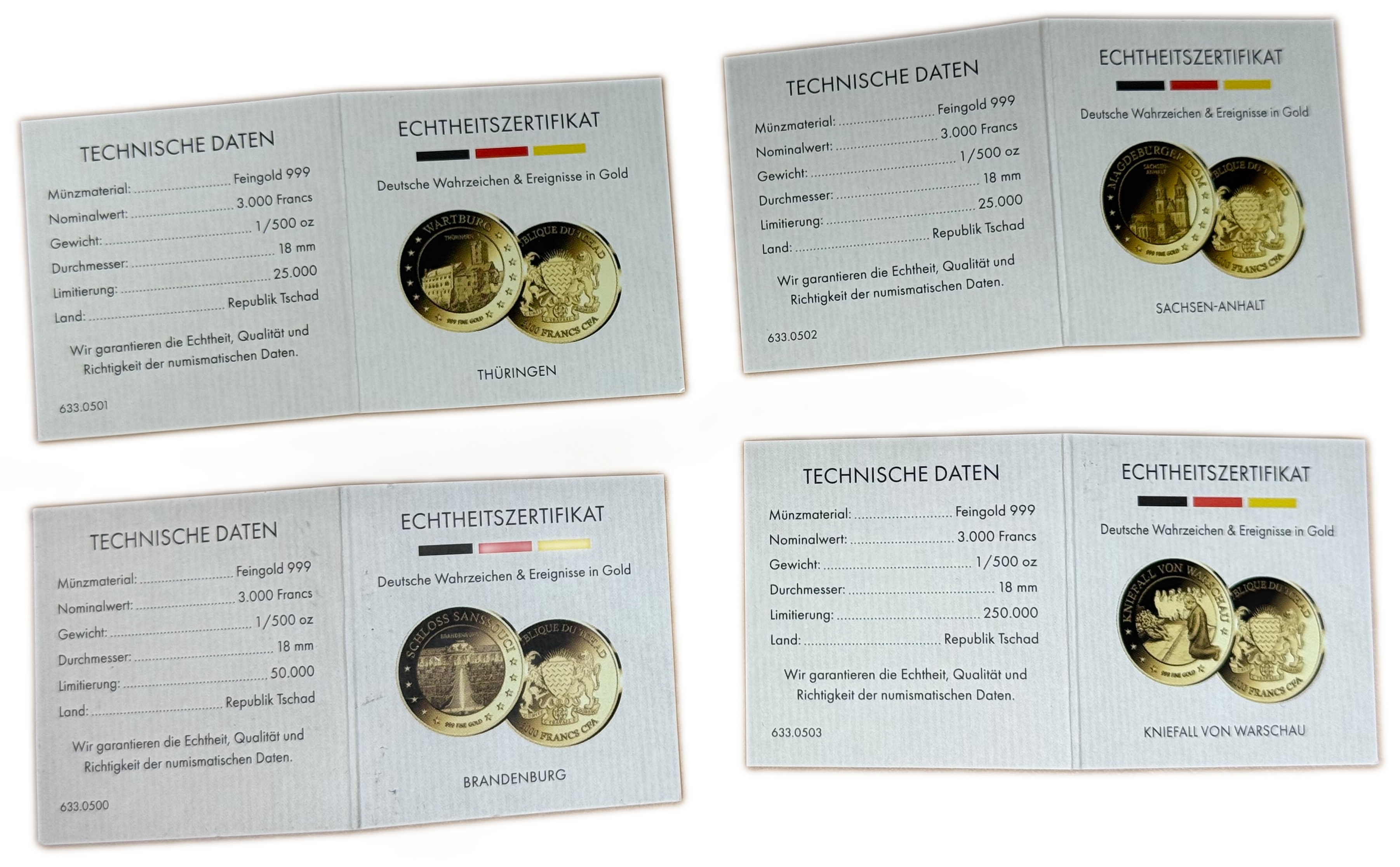 Chad - “German Landmarks and Events in Gold” Series 2020 - 10×3,000 CFA Franc Gold Coins - .999 Gold, Approximately ... - 1 2