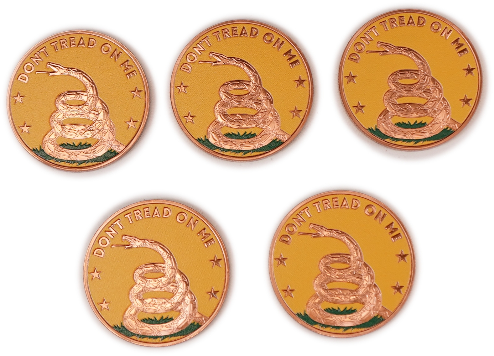 United States - Lot of 5 Round Copper Bars - Eagle and Gadsden Flag - .999 Copper, One Ounce Each - Total 5 Ounces - 1 1