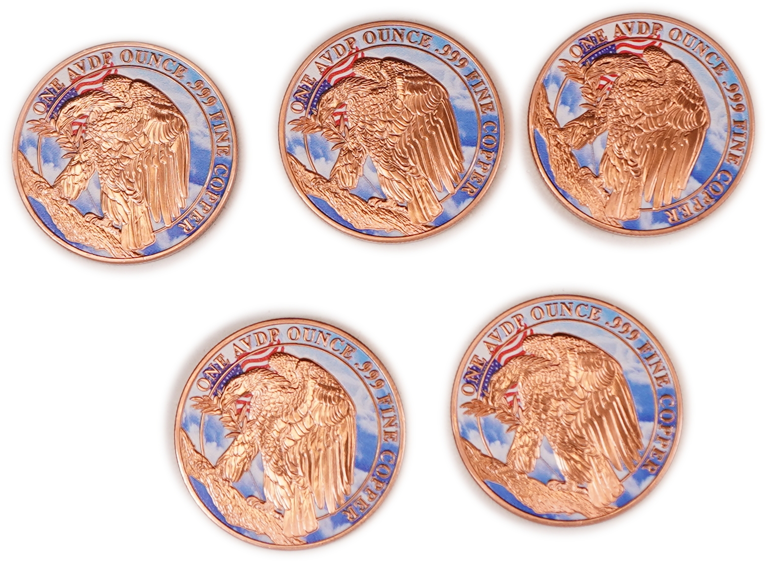 United States - Lot of 5 Round Copper Bars - Eagle and Gadsden Flag - .999 Copper, One Ounce Each - Total 5 Ounces