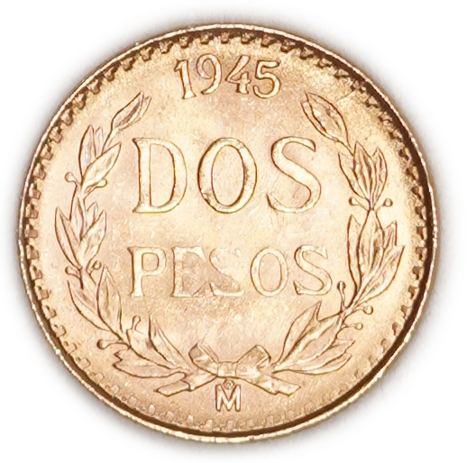 Mexico - 2 Pesos 1945 - KM# 461 - Gold 900, 1.67g (approx. 1.50g pure gold, 0.0483 oz) - Uncirculated - 1 2