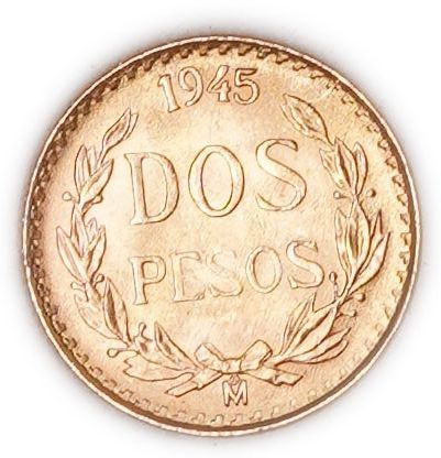 Mexico - 2 Pesos 1945 - KM# 461 - Gold 900, 1.67g (approx. 1.50g pure gold, 0.0483 oz) - Uncirculated - 1 0