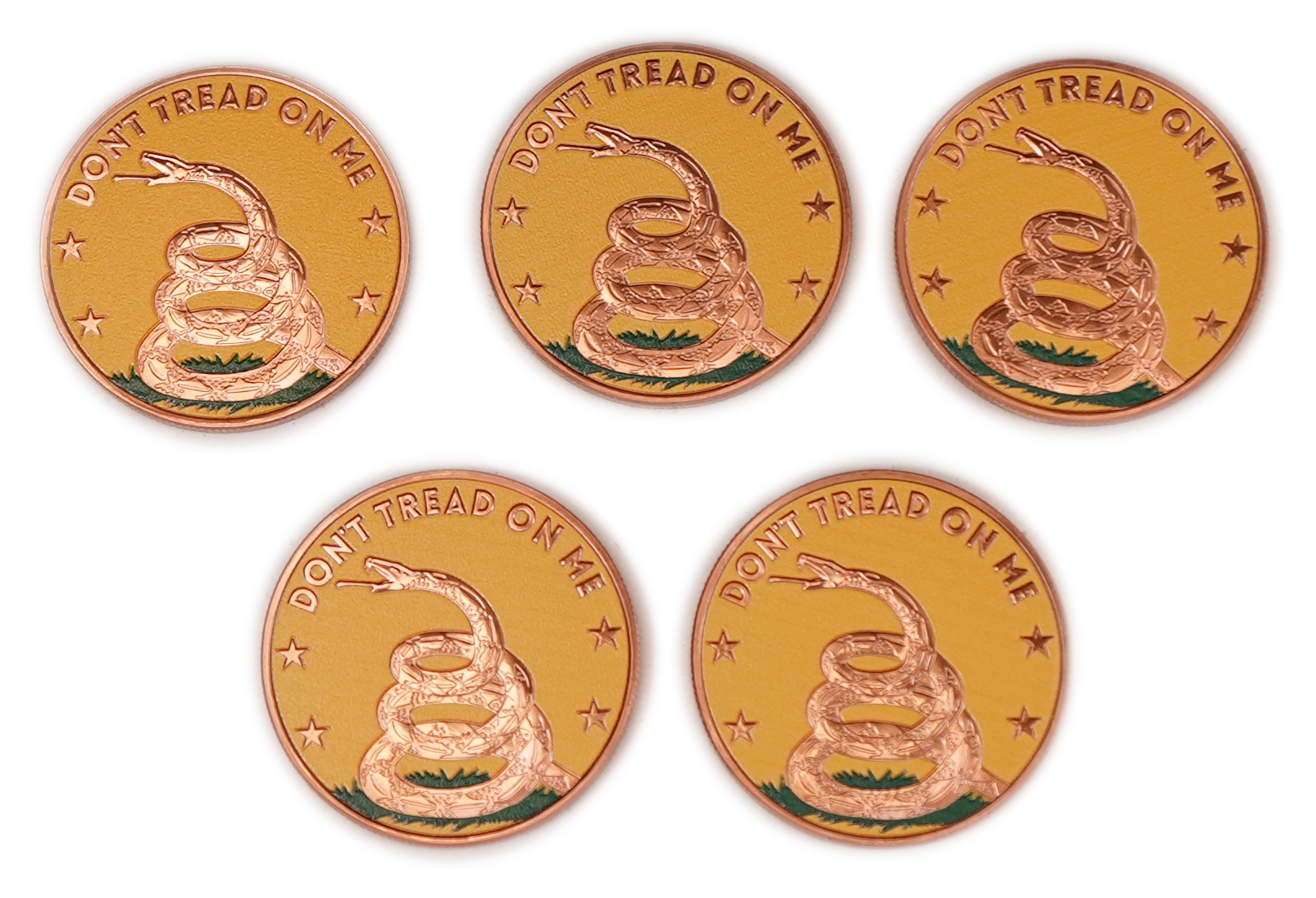 United States - Lot of 5 Round Copper Bars - Eagle and Gadsden Flag - .999 Copper, One Ounce Each - Total 5 Ounces - 1 1