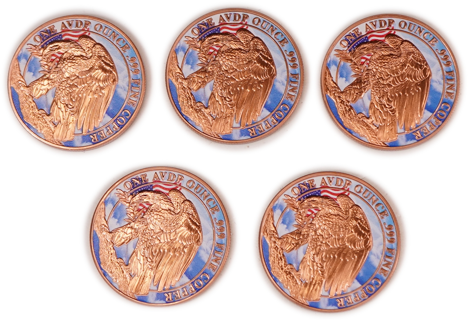 United States - Lot of 5 Round Copper Bars - Eagle and Gadsden Flag - .999 Copper, One Ounce Each - Total 5 Ounces