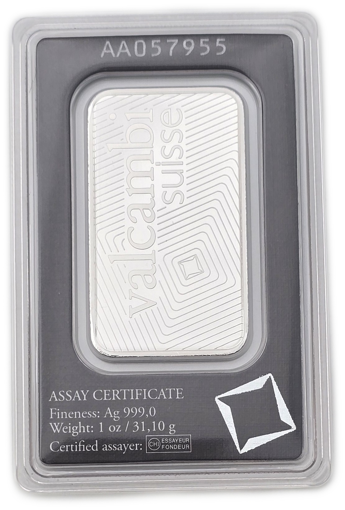 Bullion Bars - Switzerland - Valcambi Suisse Silver Bar, 1 Ounce - Silver 999, 31.10 g, in Original Assay Card - 1 1