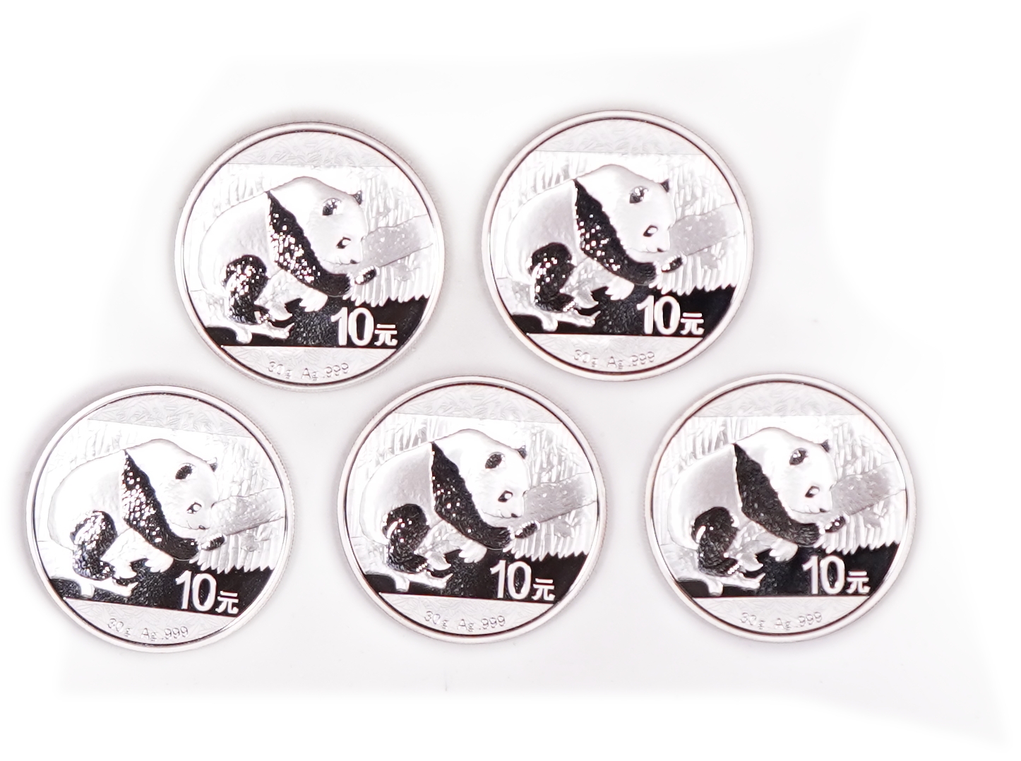 China - Lot of 5 Silver Panda 10 Yuan Coins, 2016 - .999 Silver, Total Gross Weight 150 g (Approximately 149.85 g ... - 1 1