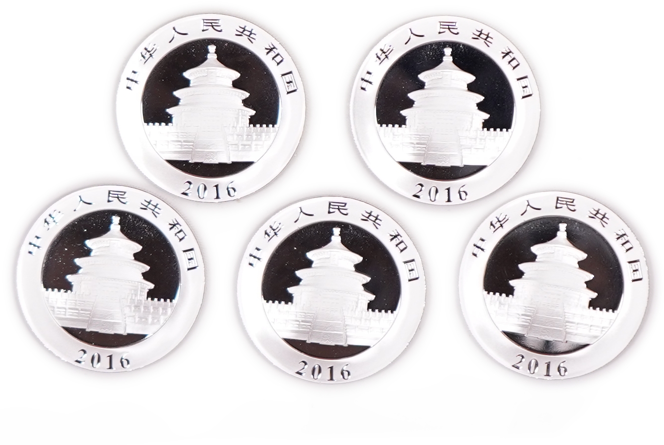 China - Lot of 5 Silver Panda 10 Yuan Coins, 2016 - .999 Silver, Total Gross Weight 150 g (Approximately 149.85 g ... - 1 0