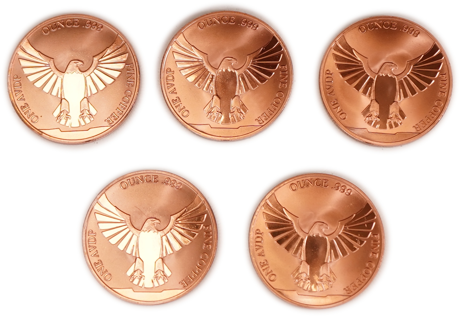 United States - Lot of 5 Round Copper Bars - American Eagle and United States Flag - .999 Copper, One Ounce Each - ... - 1 1