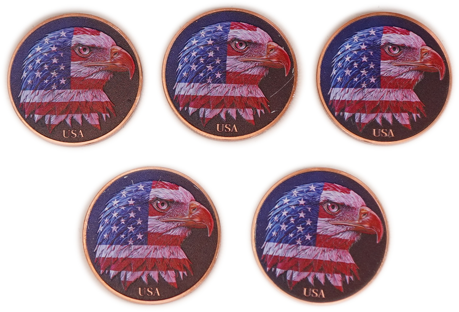 United States - Lot of 5 Round Copper Bars - American Eagle and United States Flag - .999 Copper, One Ounce Each - ...