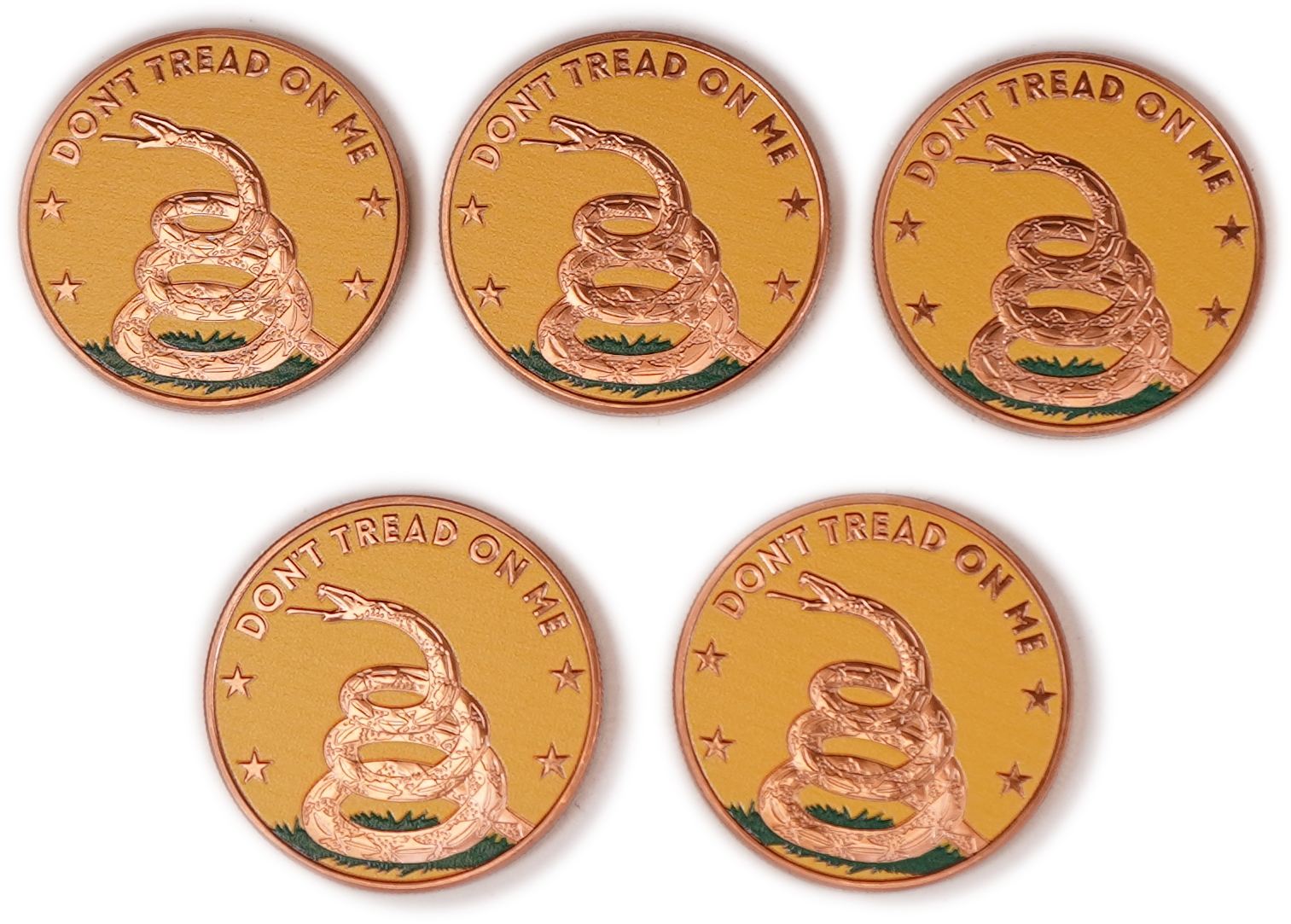 United States - Lot of 5 Round Copper Bars - Eagle and Gadsden Flag - .999 Copper, One Ounce Each - Total 5 Ounces - 1 1