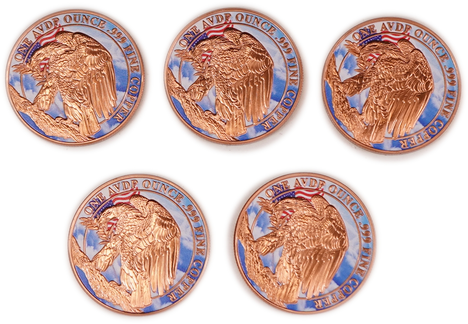 United States - Lot of 5 Round Copper Bars - Eagle and Gadsden Flag - .999 Copper, One Ounce Each - Total 5 Ounces