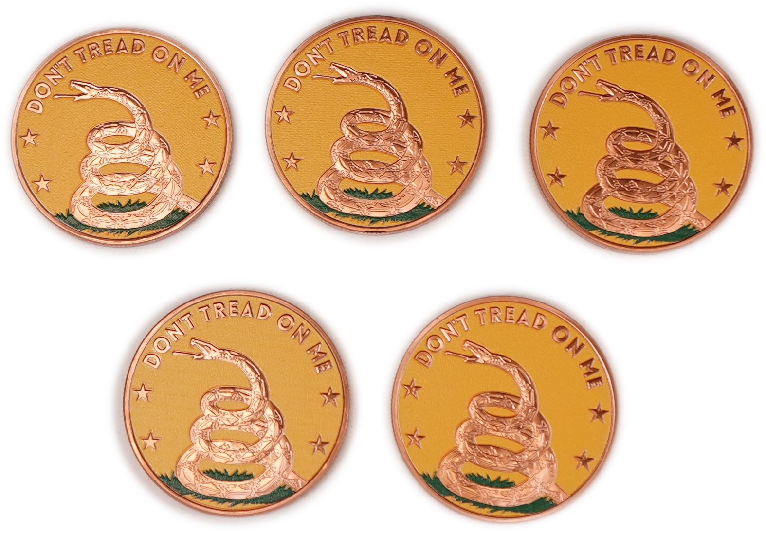 United States - Lot of 5 Round Copper Bars - Eagle and Gadsden Flag - .999 Copper, One Ounce Each - Total 5 Ounces - 1 1