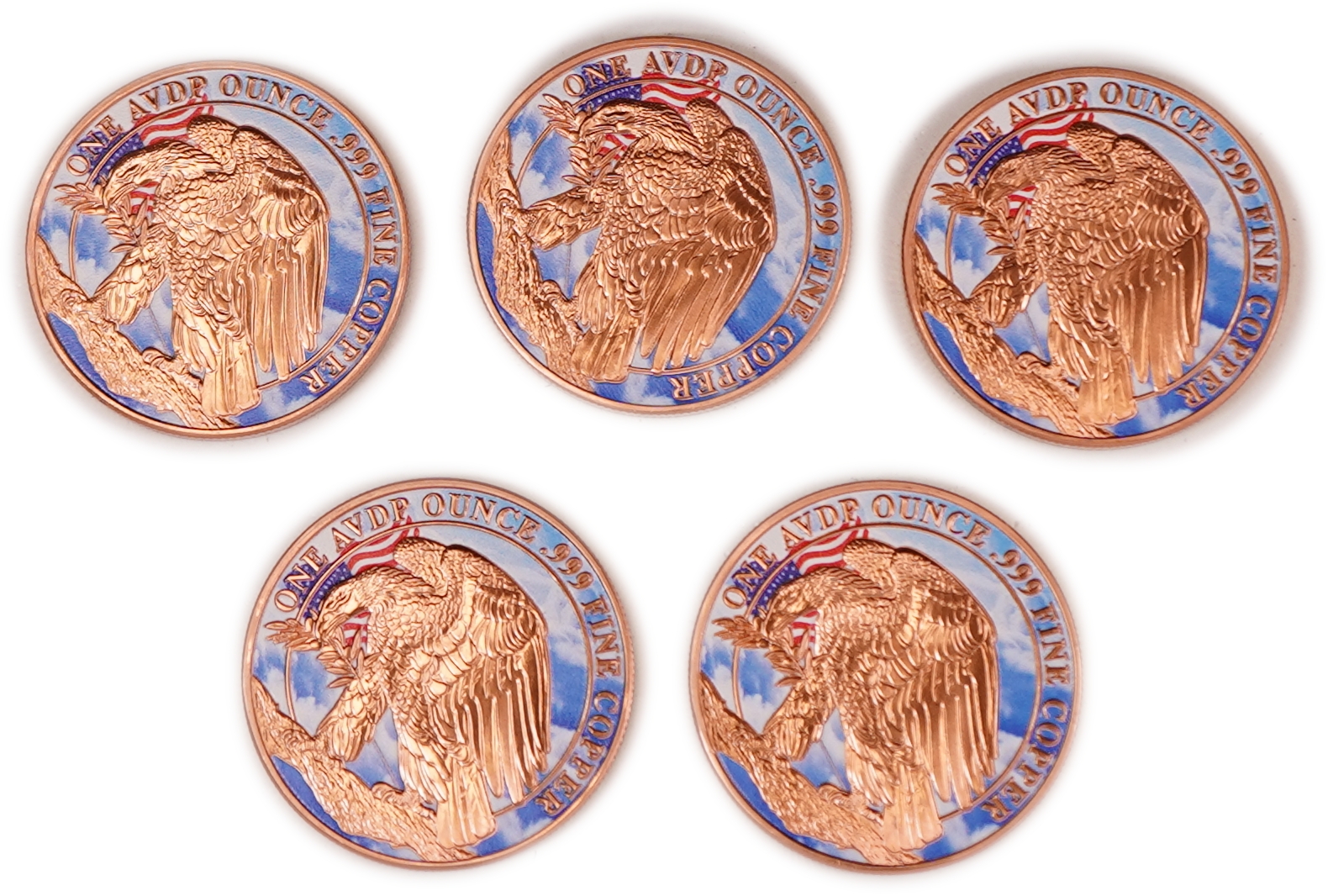 United States - Lot of 5 Round Copper Bars - Eagle and Gadsden Flag - .999 Copper, One Ounce Each - Total 5 Ounces