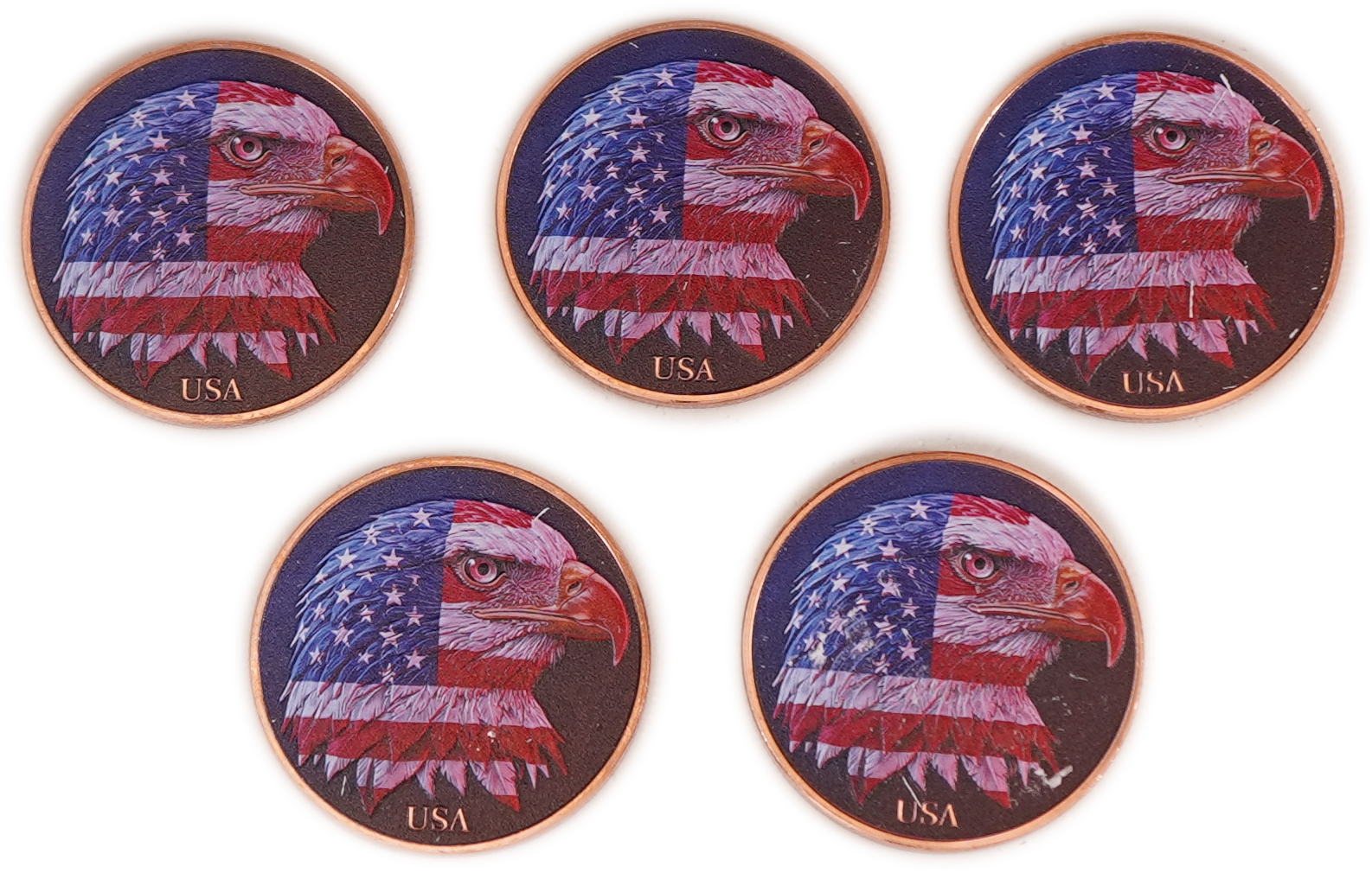 United States - Lot of 5 Round Copper Bars - American Eagle and United States Flag - .999 Copper, One Ounce Each - ...