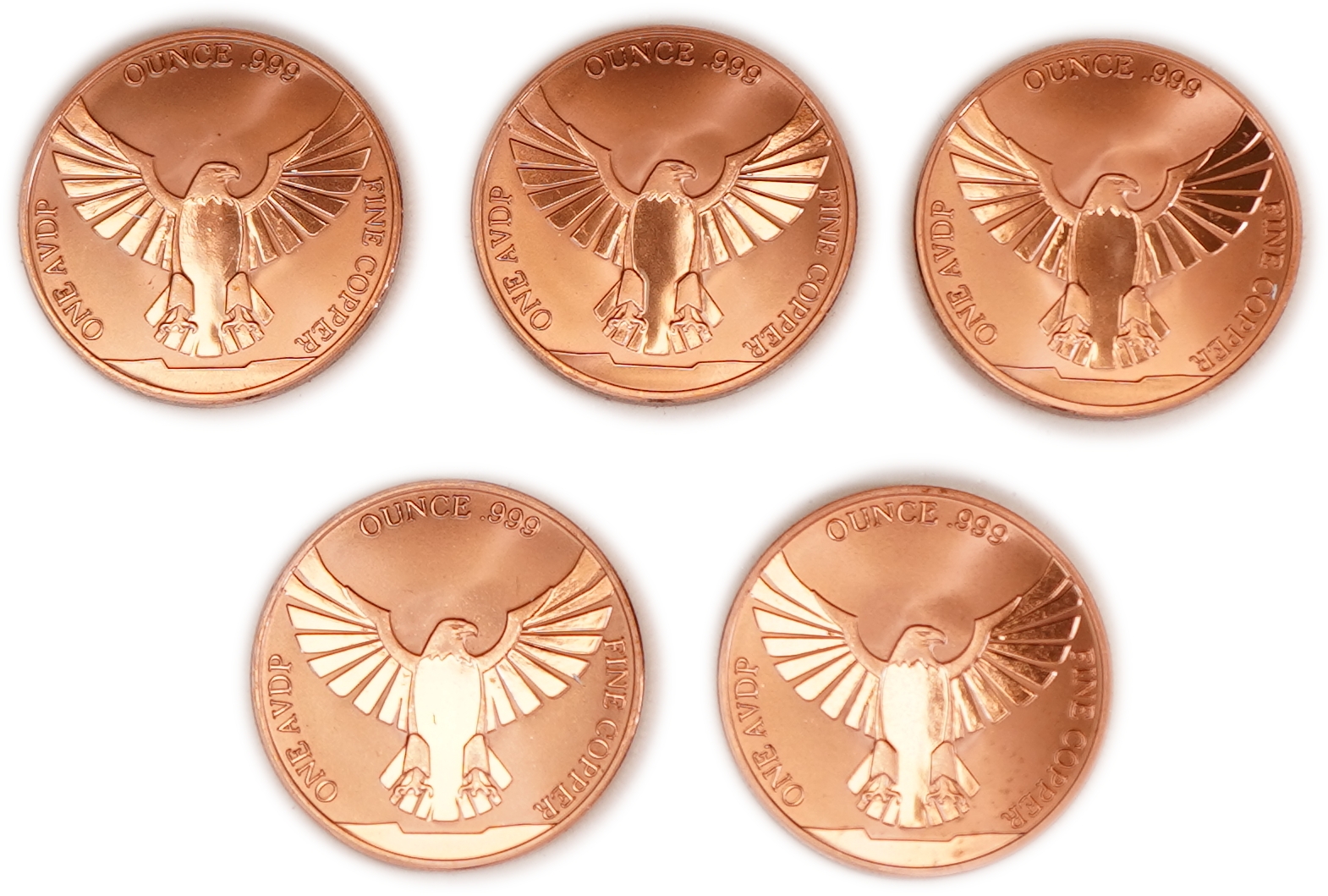 United States - Lot of 5 Round Copper Bars - American Eagle and United States Flag - .999 Copper, One Ounce Each - ... - 1 1