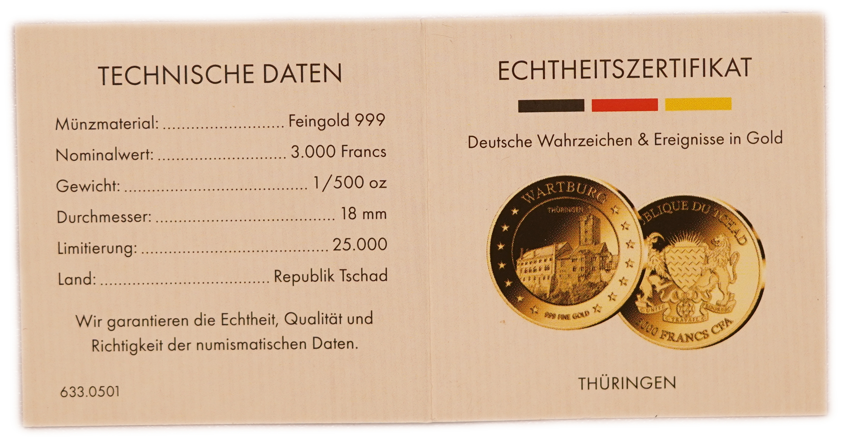 Chad - 3,000 Francs CFA - Wartburg Castle, Thuringia - Lot of 10 Gold 999 Coins, 1/500oz Each (approx. 0.62g Pure ... - 1 6
