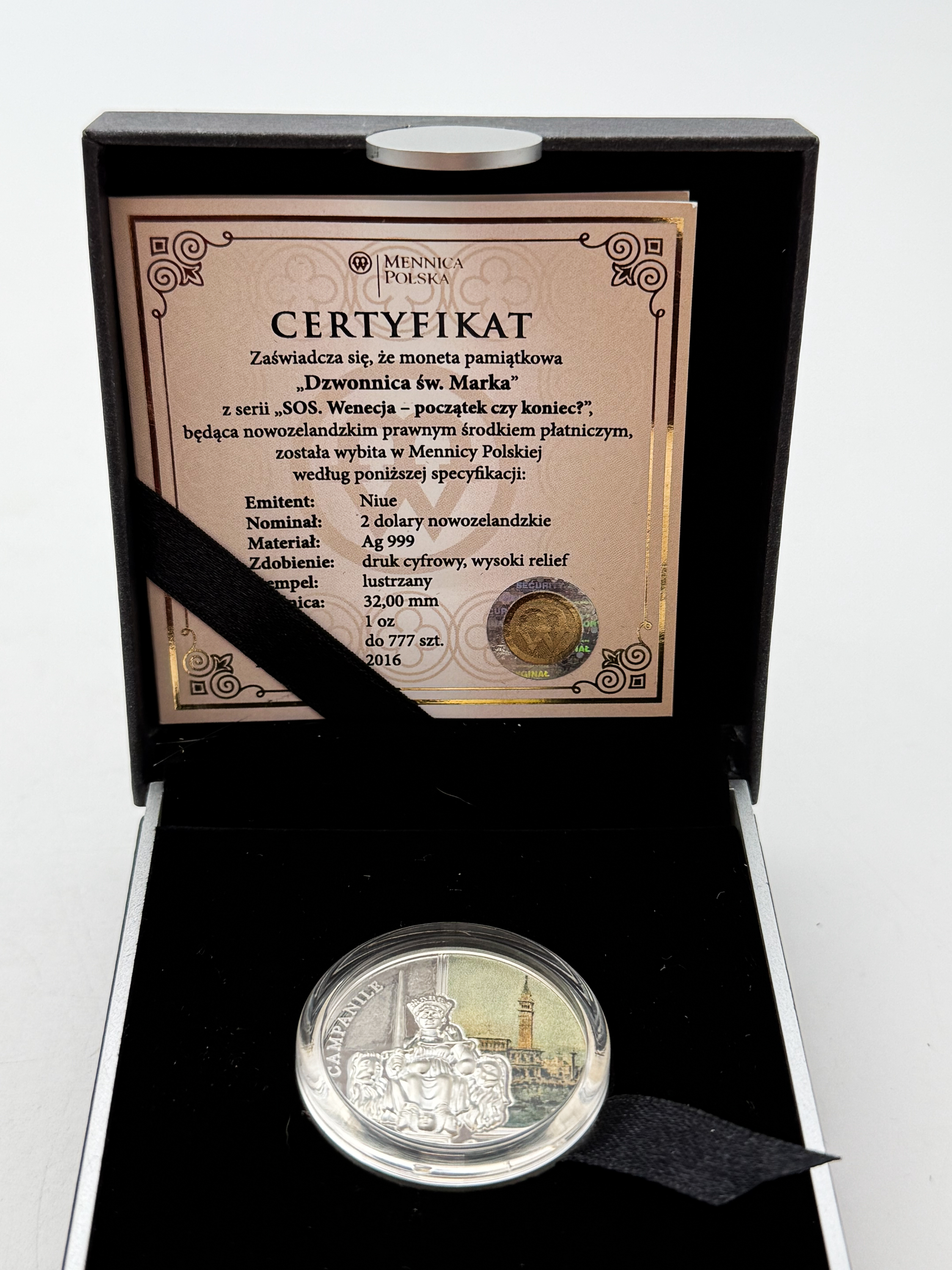 Niue - 2 Dollars 2016 - St Mark's Campanile - SOS Venice - Silver 999, 1 oz (31.07g net silver, 1 oz) - Proof - 1 2