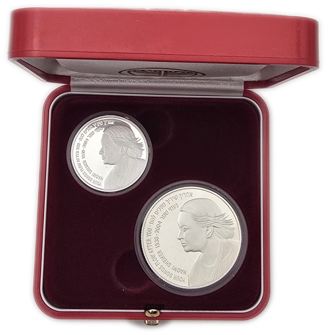 Israel - 1 and 2 Sheqalim 2005 - Naomi Shemer - Silver 925, 43.2g (approx. 39.96g pure silver, 1.28 oz) - Proof and ... - 1 3
