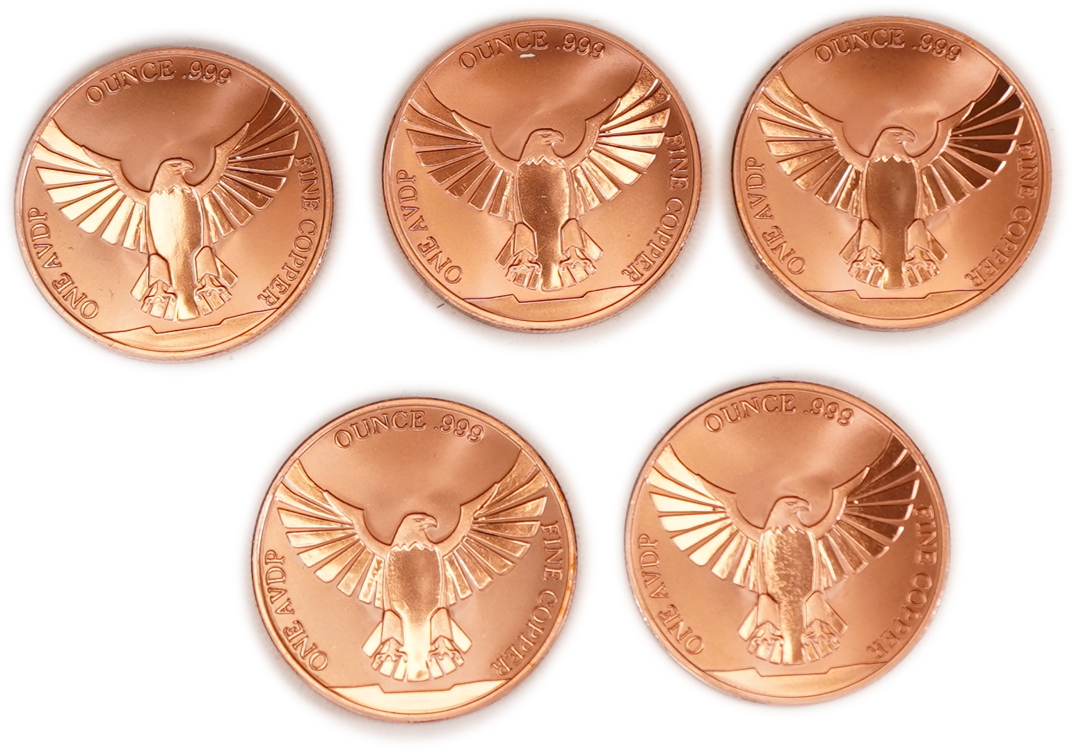 United States - Lot of 5 Round Copper Bars - American Eagle and United States Flag - .999 Copper, One Ounce Each - ... - 1 1