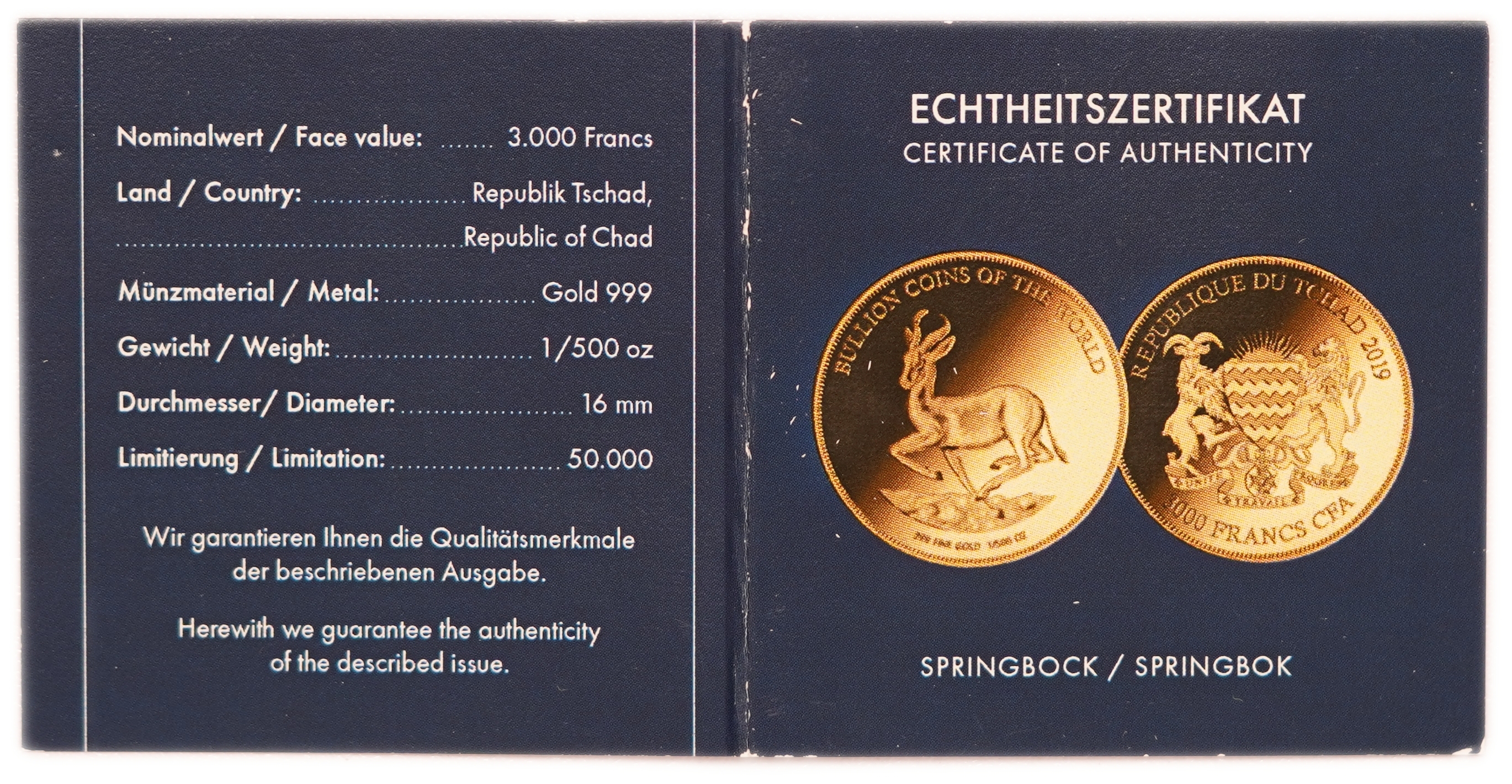 Chad - 3,000 Francs CFA 2019-2020 - Bullion Coins of the World, Panda and Springbok - Lot of 4 Gold 999 Coins ... - 1 4