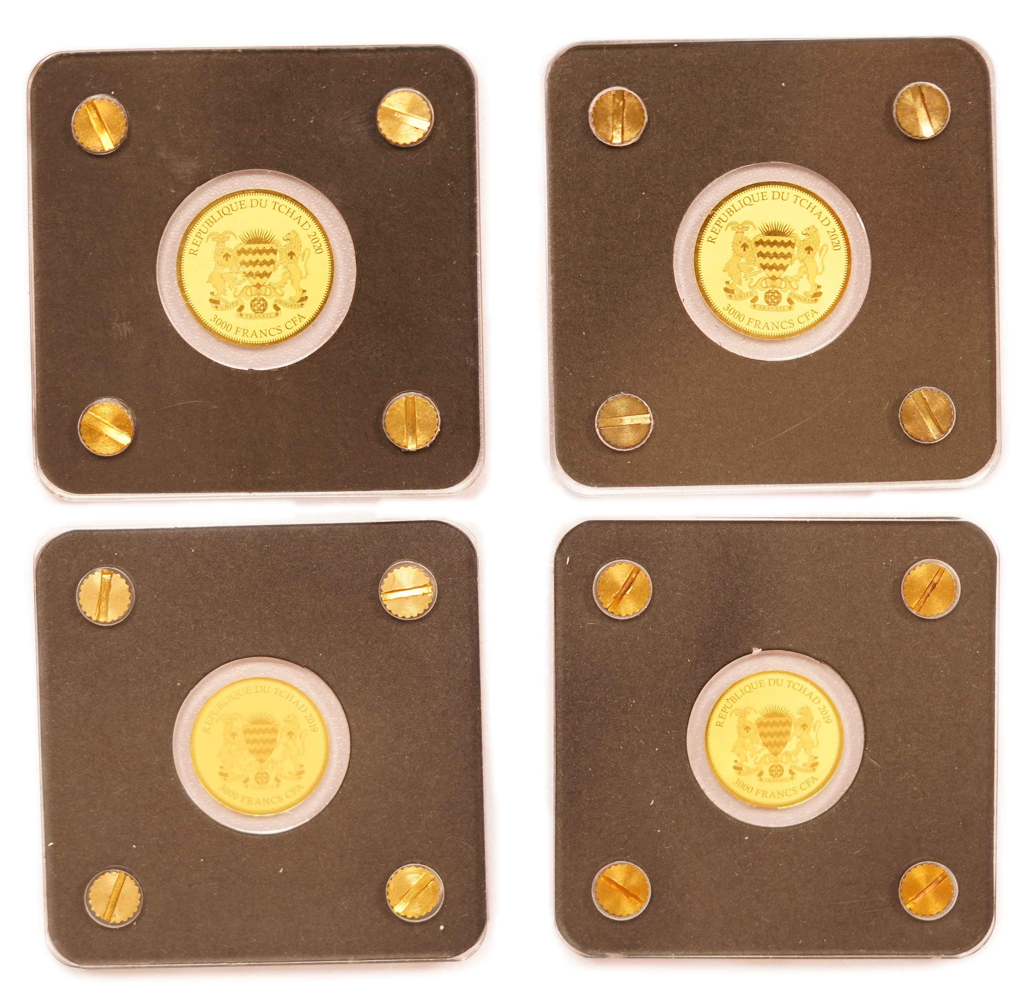Chad - 3,000 Francs CFA 2019-2020 - Bullion Coins of the World, Panda and Springbok - Lot of 4 Gold 999 Coins ... - 1 1