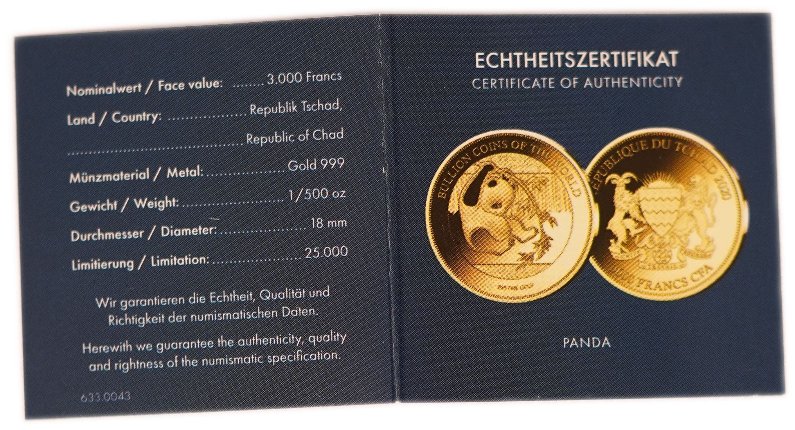 Chad - 3,000 Francs CFA 2019-2020 - Bullion Coins of the World, Panda and Springbok - Lot of 4 Gold 999 Coins ... - 1 2
