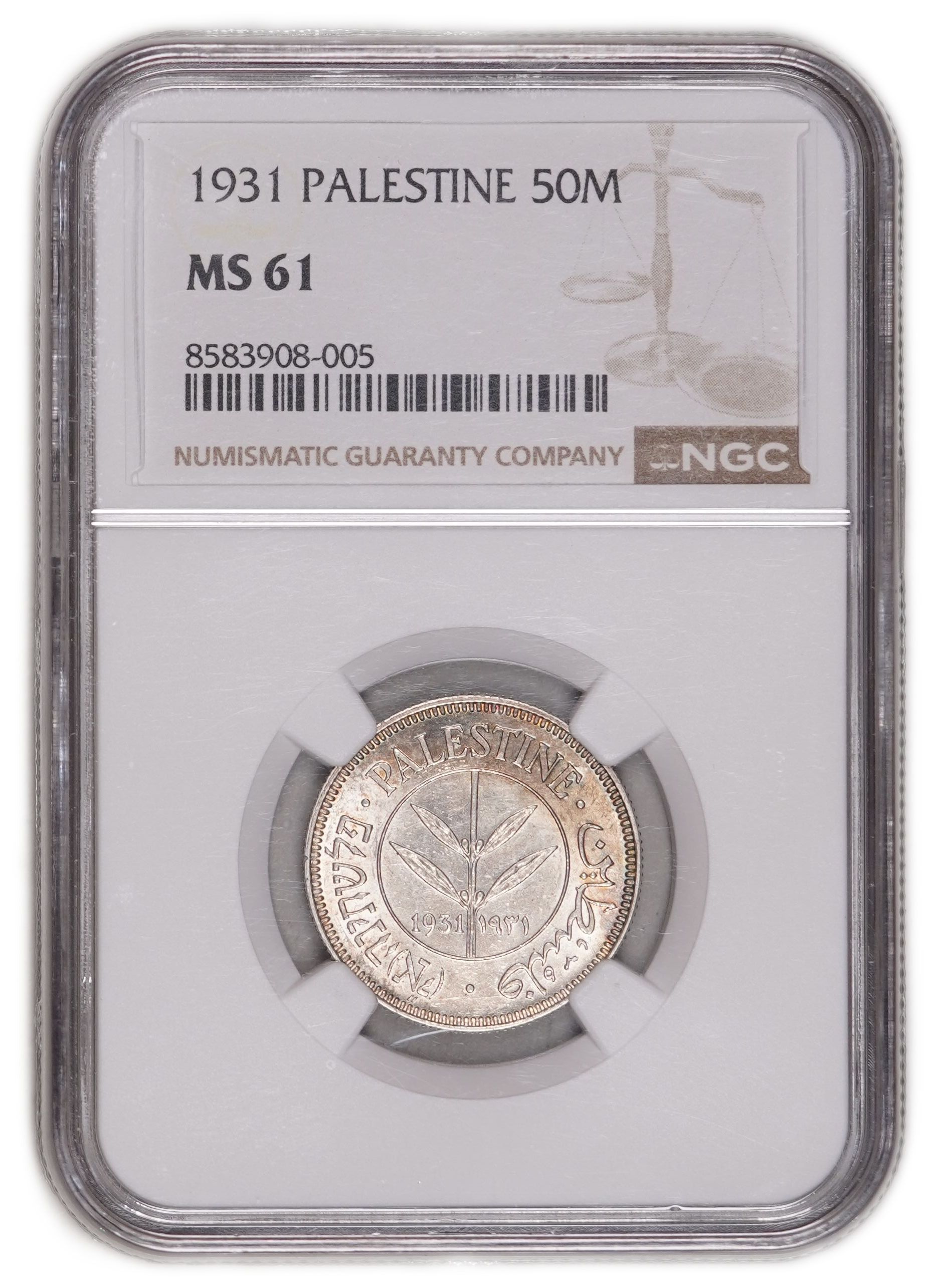 Palestine - 50 Mils 1931 - Silver 720, 5.83 g - KM# 6 - NGC MS 61 - Very Rare in This Grade - 1 2