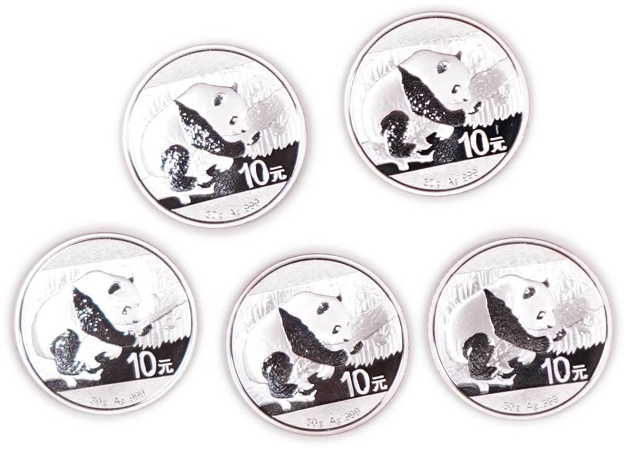 China - Lot of 5 Silver Panda 10 Yuan Coins, 2016 - .999 Silver, Total Gross Weight 150 g (Approximately 149.85 g ... - 1 4