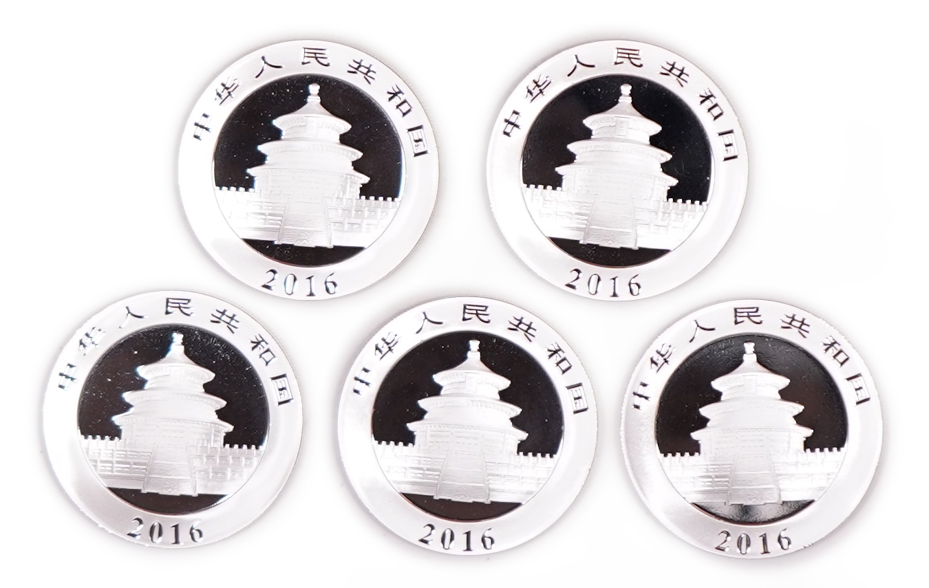China - Lot of 5 Silver Panda 10 Yuan Coins, 2016 - .999 Silver, Total Gross Weight 150 g (Approximately 149.85 g ... - 1 0