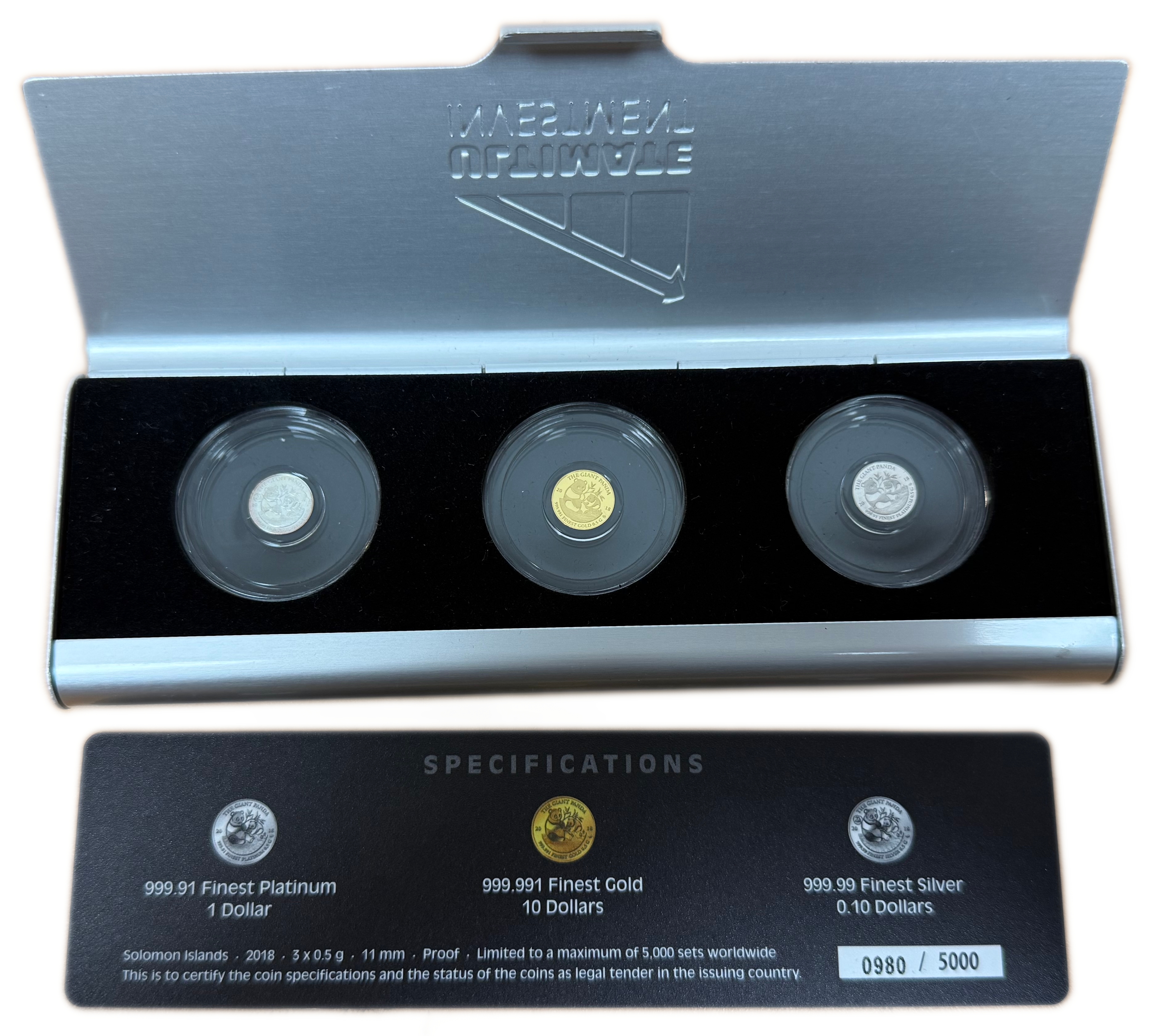 Solomon Islands - Set of 3 Giant Panda Coins 2018 - .999991 Gold, .99999 Silver and .99991 Platinum, 3 Coins x 0.5g ... - 1 1