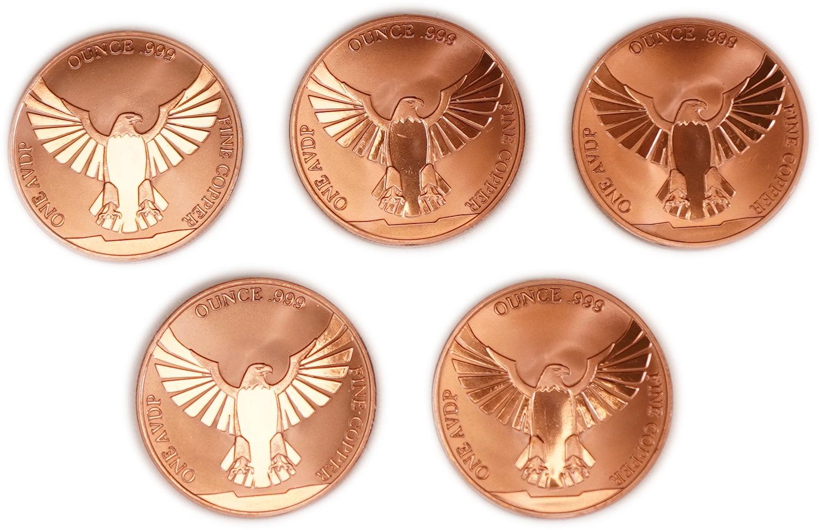 United States - Lot of 5 Round Copper Bars - American Eagle and United States Flag - .999 Copper, One Ounce Each - ... - 1 1