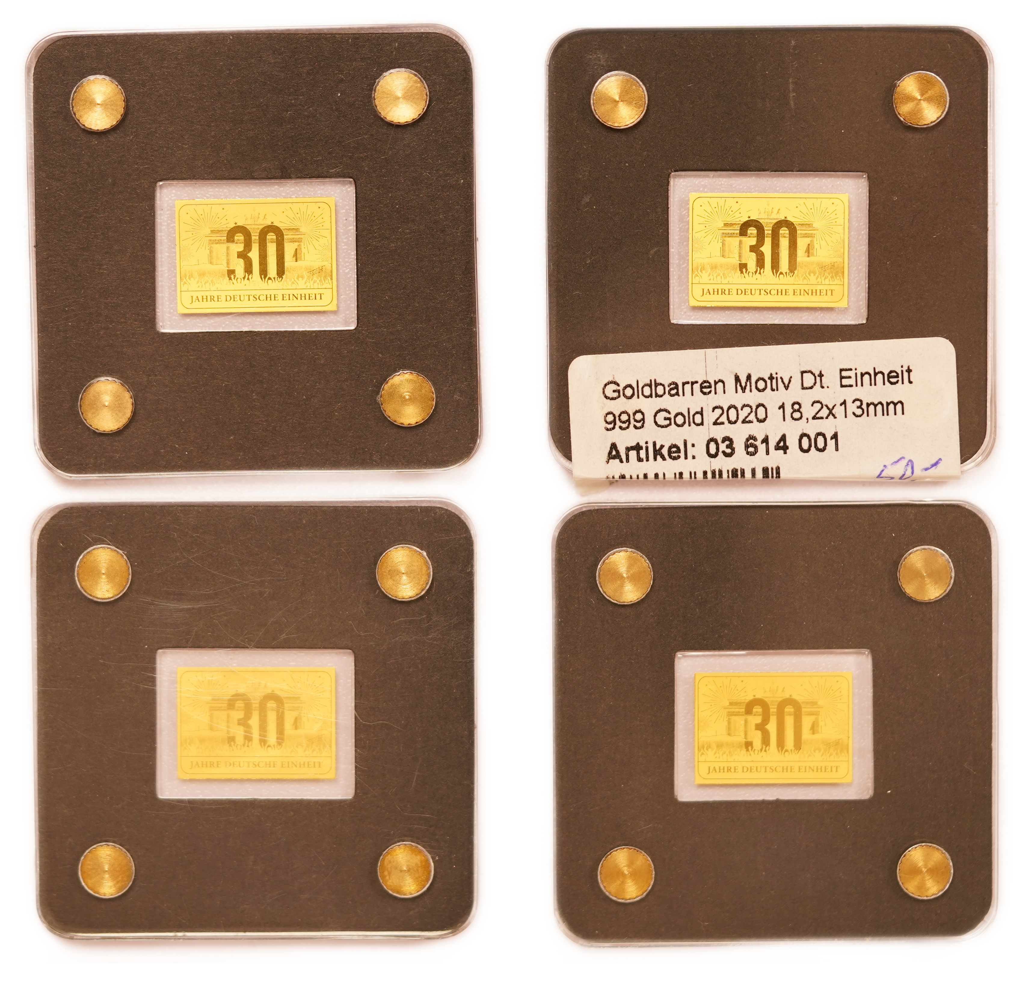 Gold Bars - Germany, 30 Years of German Unity 2020 - Lot of 4 Gold 999 Bars, 1/500oz Each (approx. 0.25g Pure Gold ...