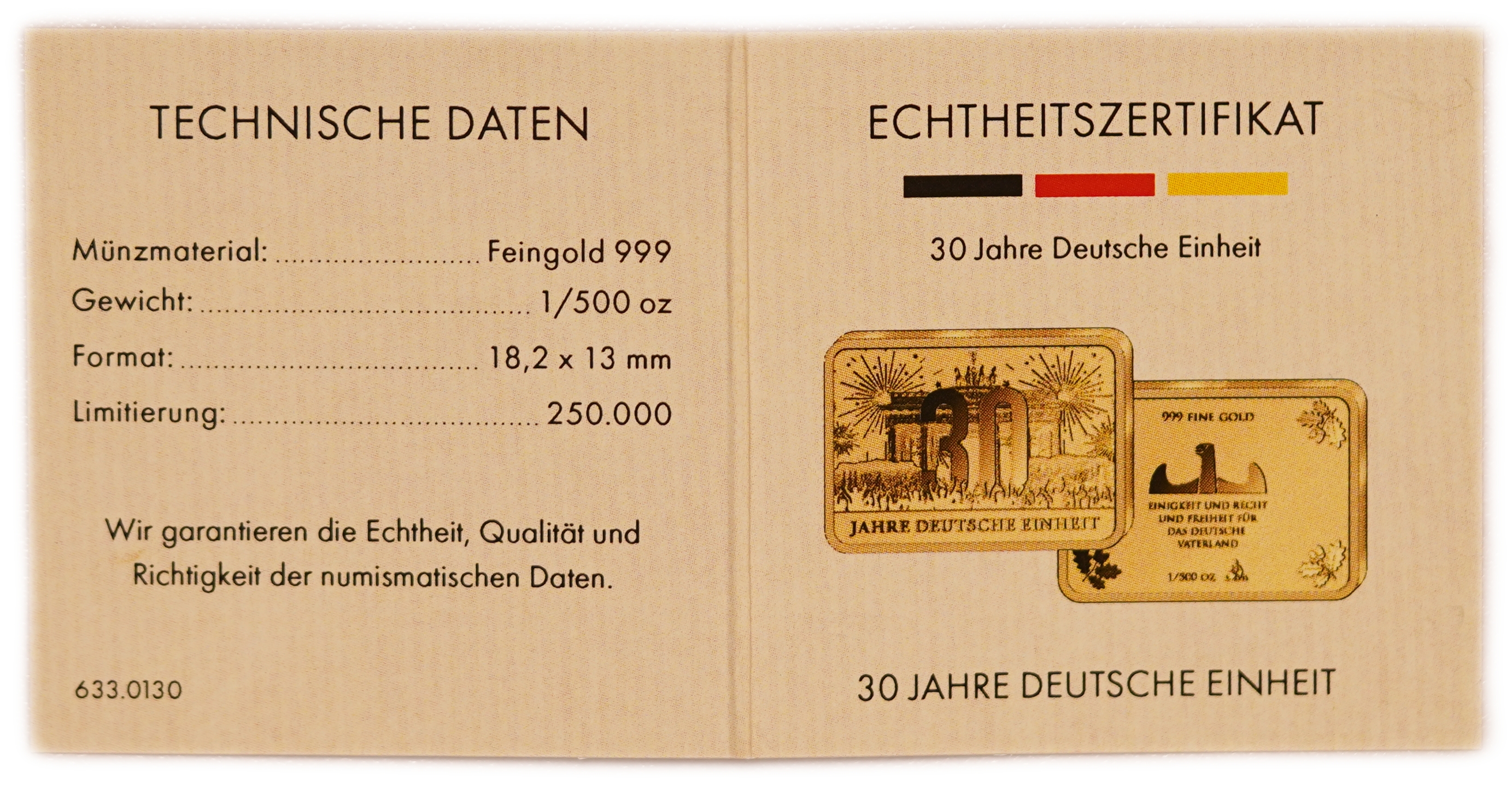Gold Bars - Germany, 30 Years of German Unity 2020 - Lot of 4 Gold 999 Bars, 1/500oz Each (approx. 0.25g Pure Gold ... - 1 2
