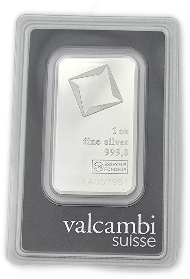 Bullion Bars - Switzerland - Valcambi Suisse Silver Bar, 1 Ounce - Silver 999, 31.10 g, in Original Assay Card