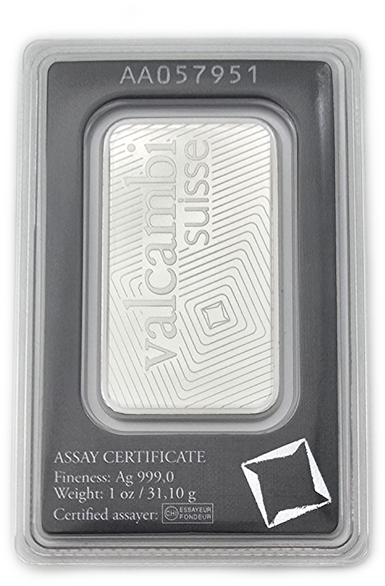Bullion Bars - Switzerland - Valcambi Suisse Silver Bar, 1 Ounce - Silver 999, 31.10 g, in Original Assay Card - 1 1