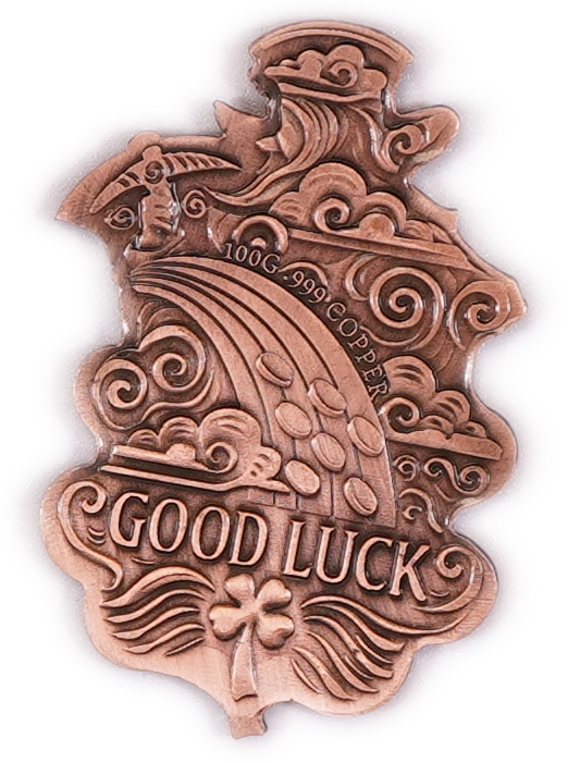 Bullion Bars - "Good Luck" Shaped Copper Bar - Leprechaun and Four-Leaf Clover - .999 Copper, 100g - 1 1
