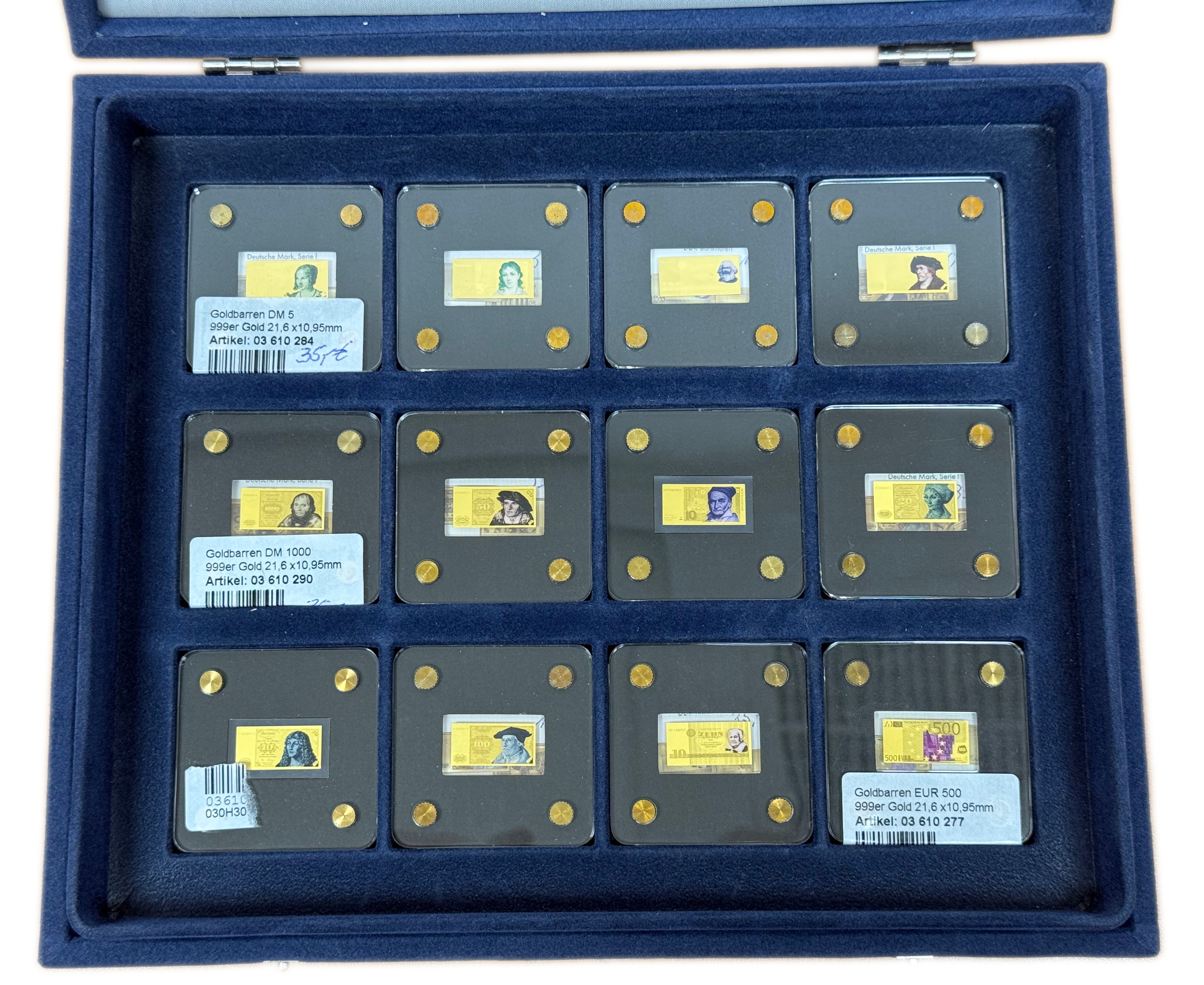 Germany - Set of 12 Miniature Gold Bars - German and Euro Banknotes - .999 Gold, Approx. 0.746g (Approx. 0.746g Net ... - 1 0