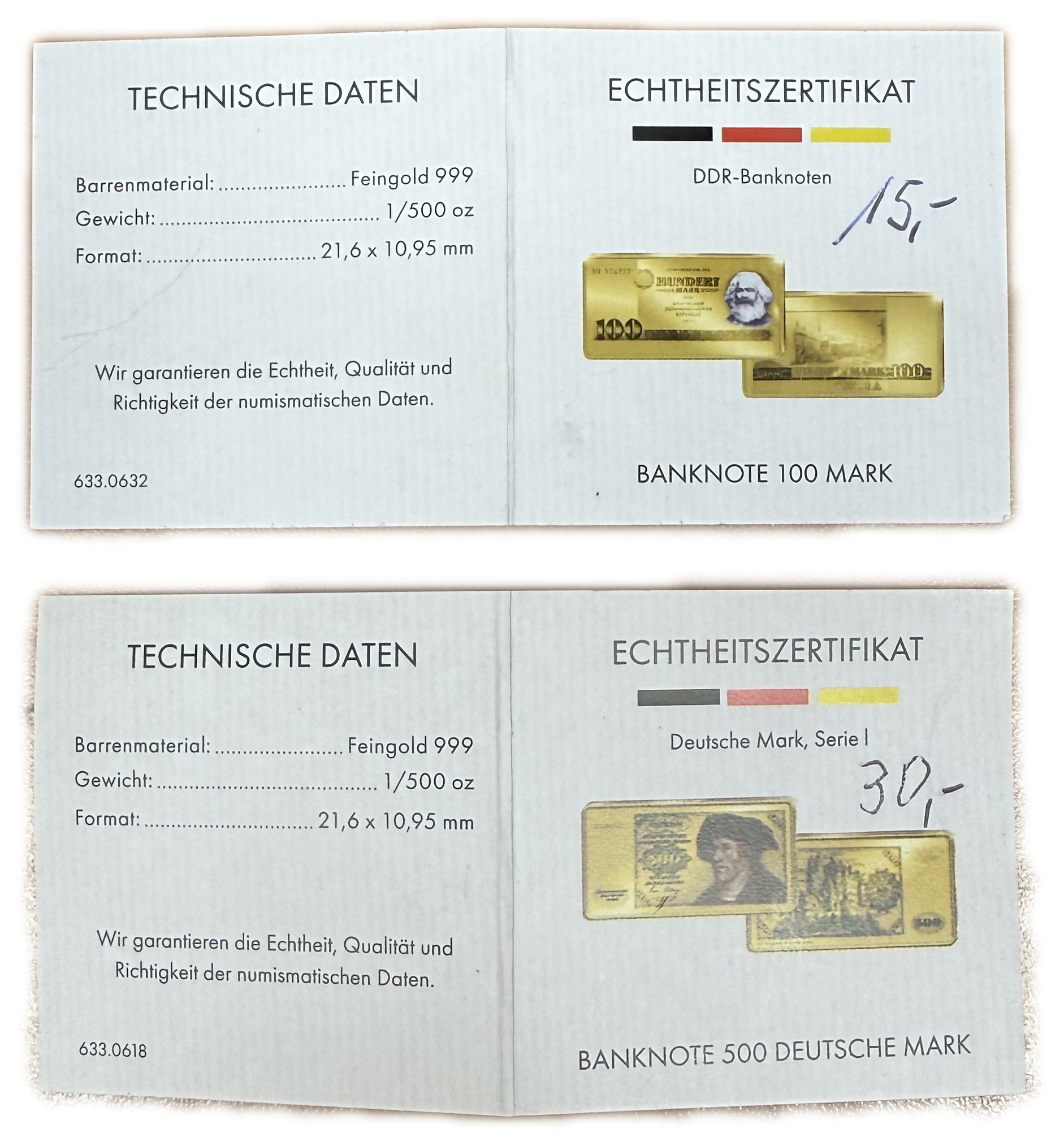 Germany - Set of 12 Miniature Gold Bars - German and Euro Banknotes - .999 Gold, Approx. 0.746g (Approx. 0.746g Net ... - 1 24