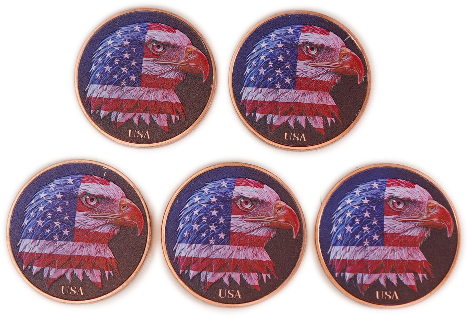United States - Lot of 5 Round Copper Bars - American Eagle and United States Flag - .999 Copper, One Ounce Each - ...