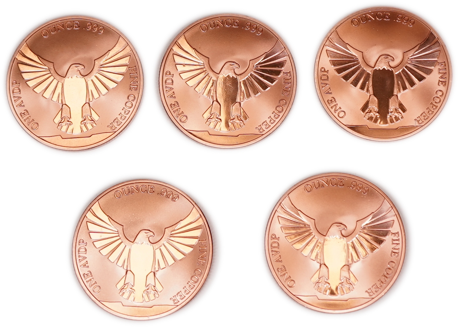 United States - Lot of 5 Round Copper Bars - American Eagle and United States Flag - .999 Copper, One Ounce Each - ... - 1 1
