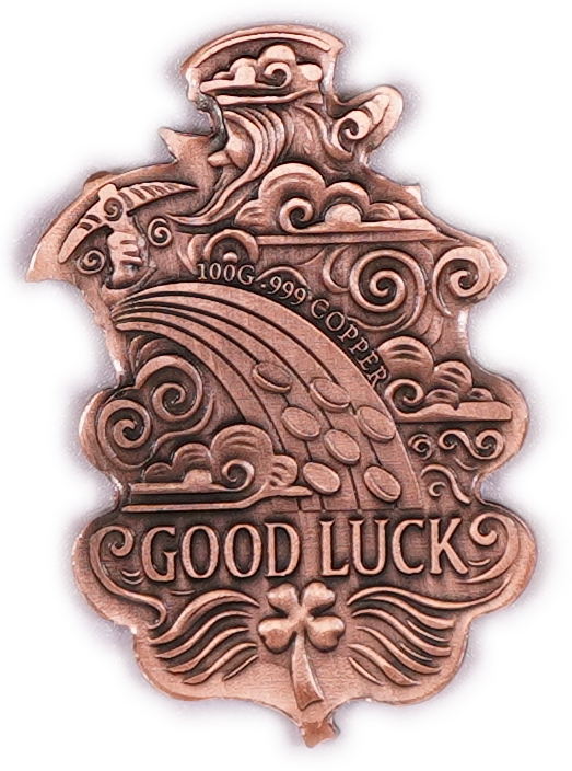 Bullion Bars - "Good Luck" Shaped Copper Bar - Leprechaun and Four-Leaf Clover - .999 Copper, 100g - 1 1
