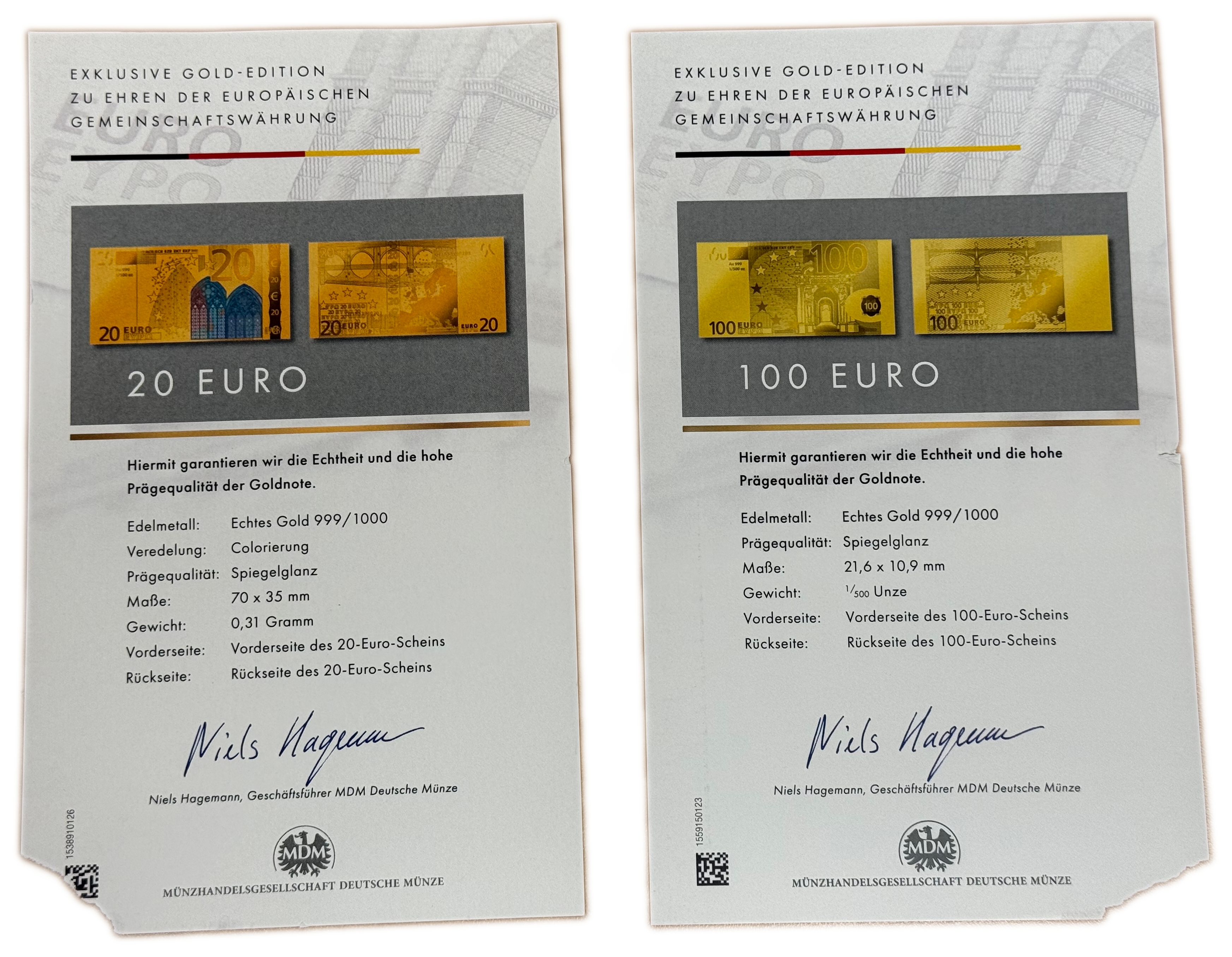 Germany - Gold Bars - Euro Banknotes in Pure Gold Series - 7 Gold .999 Bars - Approximately 1.93g Pure Gold in ... - 1 8