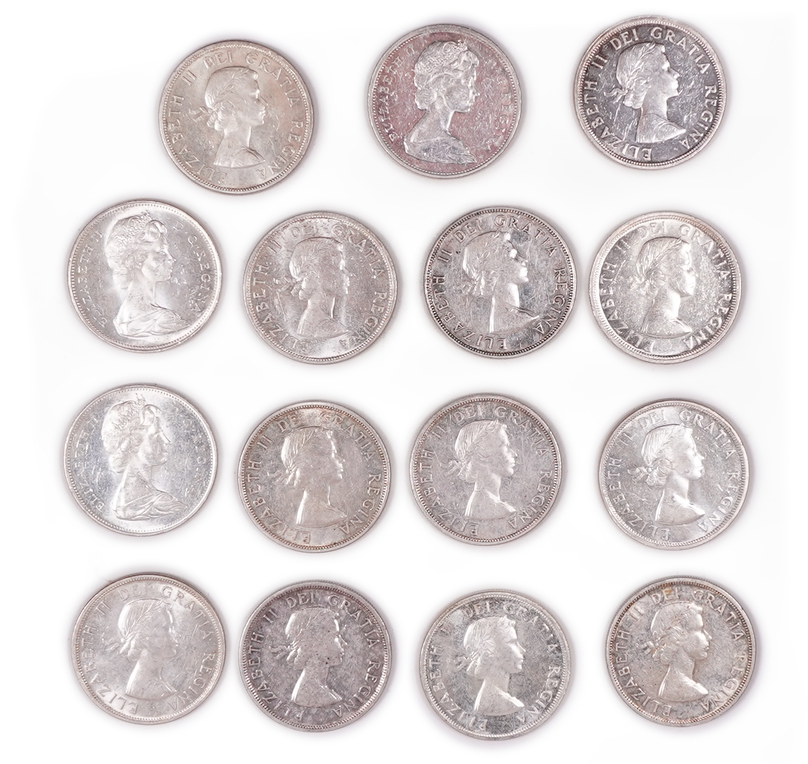 Canada - Lot of 15 Silver 1 Dollar Coins, 1950s–1960s - .800 Silver, Approximately 349.9 g Gross Weight (279.9 g of ... - 1 1