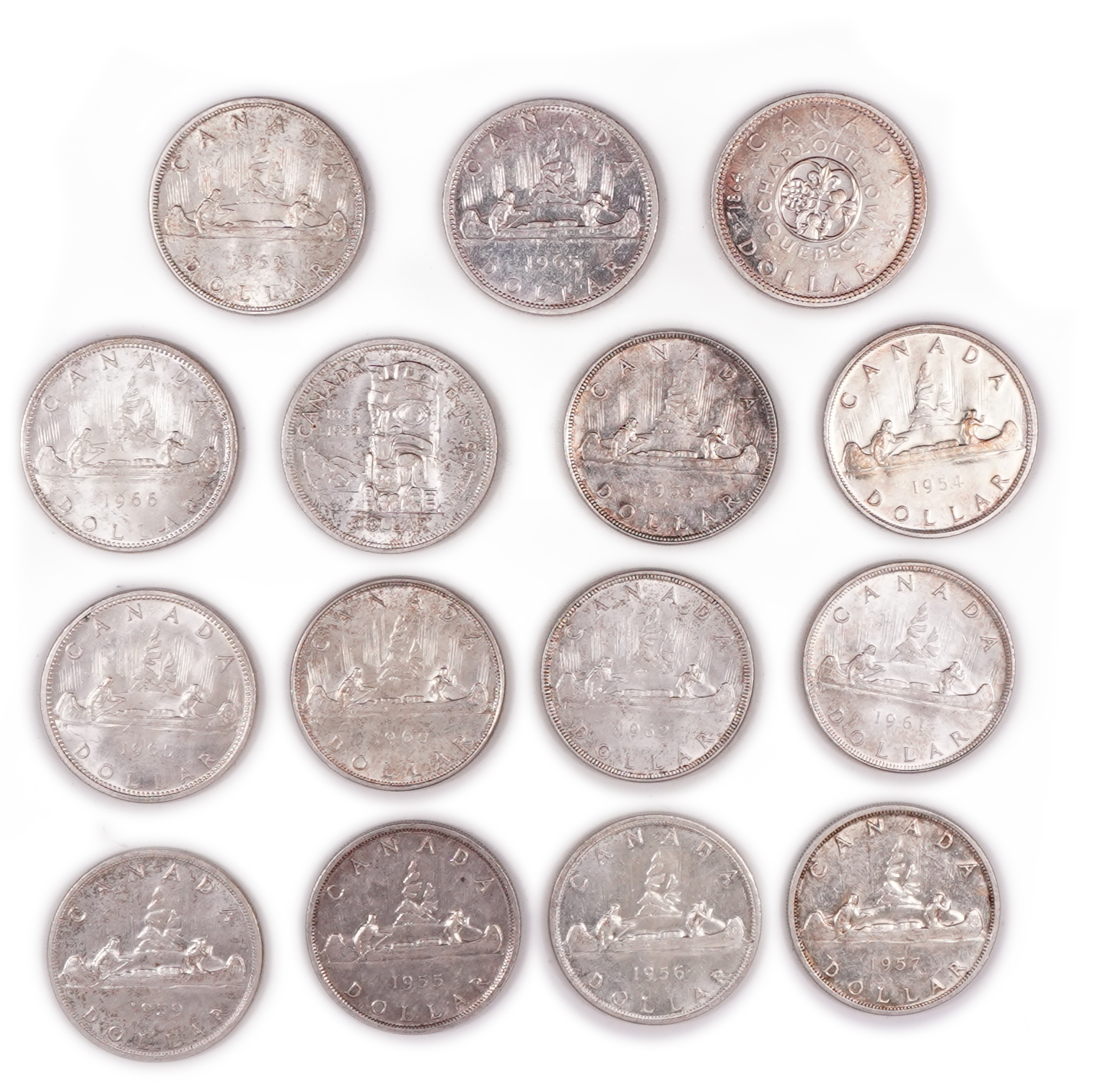 Canada - Lot of 15 Silver 1 Dollar Coins, 1950s–1960s - .800 Silver, Approximately 349.9 g Gross Weight (279.9 g of ... - 1 0