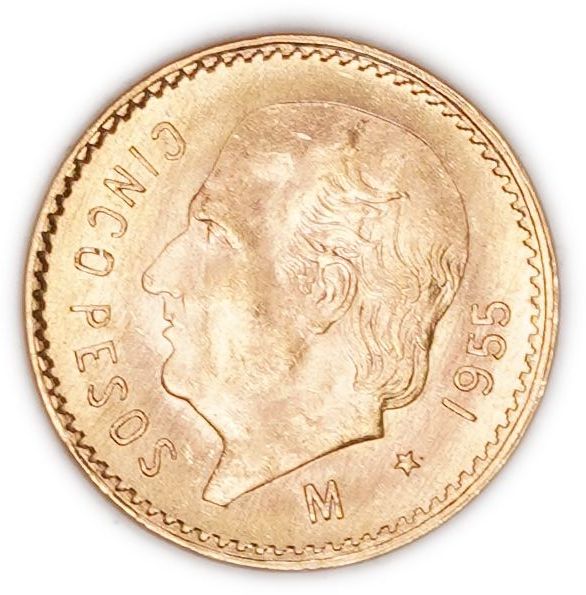 Mexico - 5 Pesos 1955 - Miguel Hidalgo - KM# 464 - Gold 900, 4.15g (approx. 3.74g pure gold, 0.1201 oz) - Uncirculated - 1 0