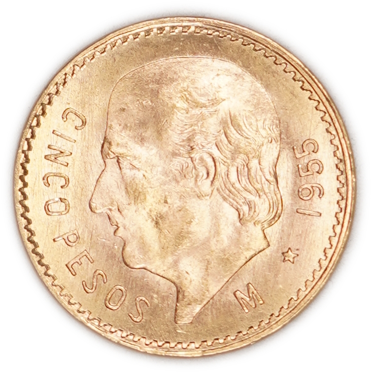 Mexico - 5 Pesos 1955 - Miguel Hidalgo - KM# 464 - Gold 900, 4.15g (approx. 3.74g pure gold, 0.1201 oz) - Uncirculated - 1 2