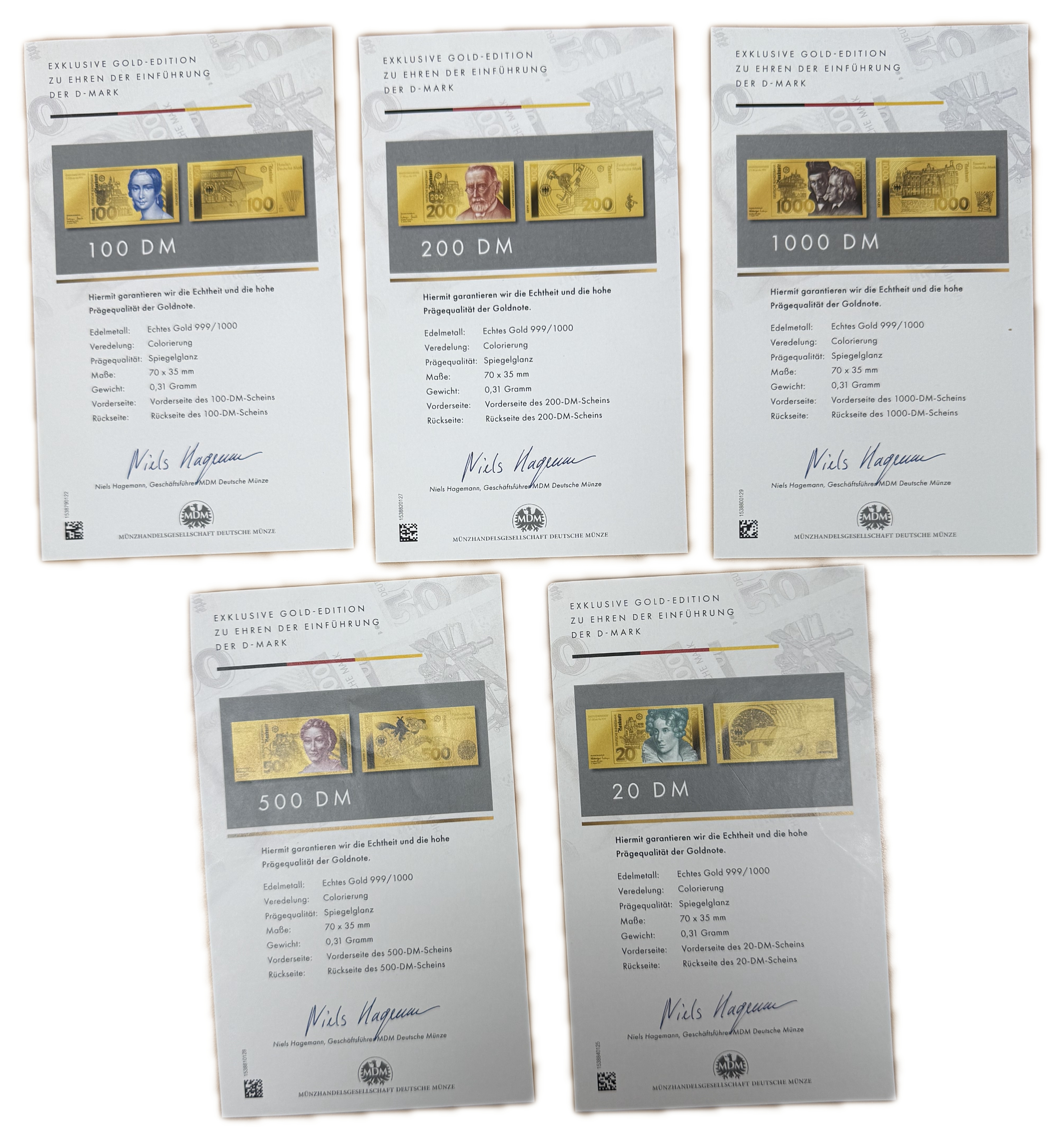 Germany - Gold Bars - German Deutsche Mark Banknotes Series - 9 Gold .999 Bars - Approximately 2.55g Pure Gold in ... - 1 7