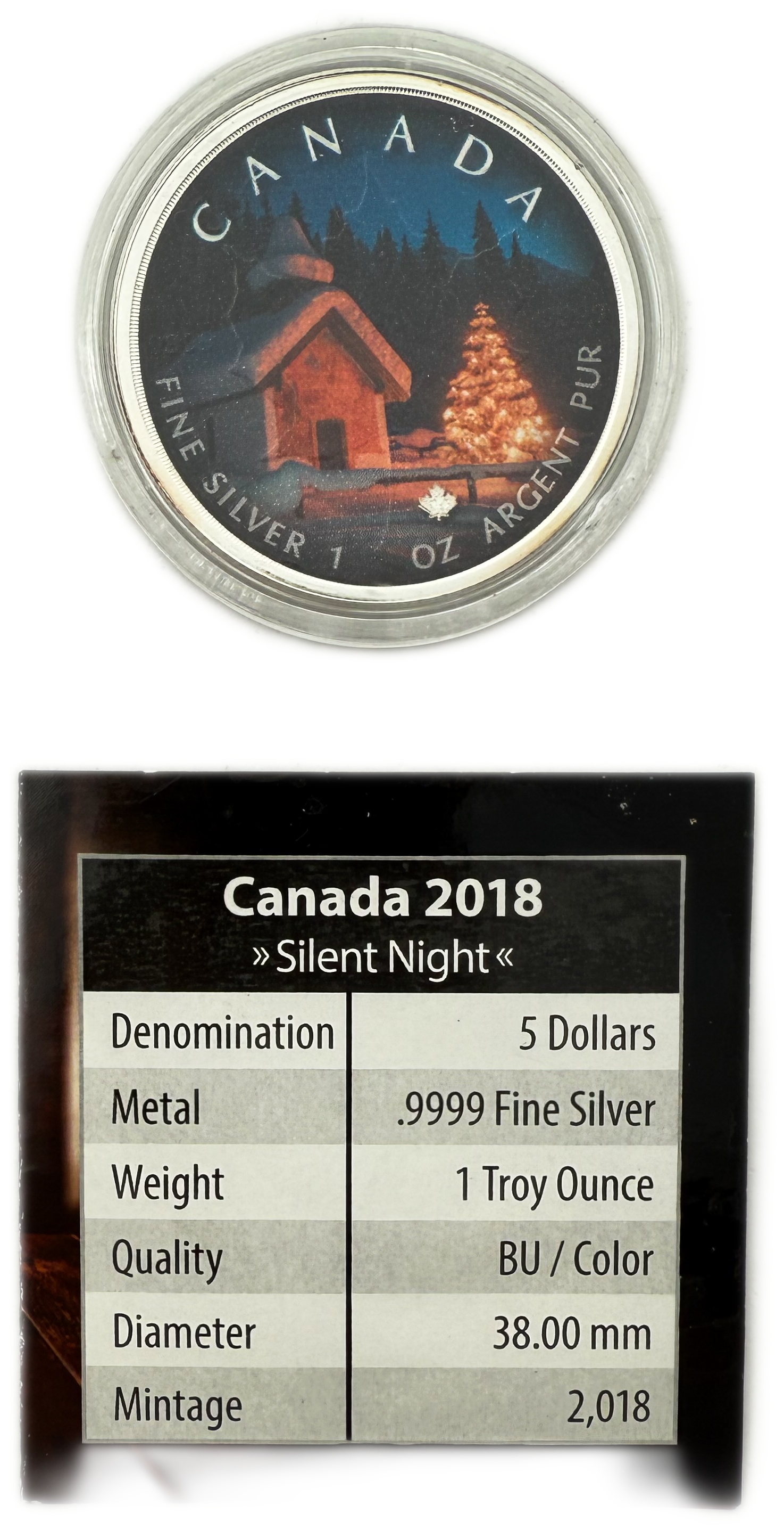 Canada - 5 Dollars 2018 - Silent Night - .9999 Silver, 31.1g, approx. 31.1g pure silver (1 oz), 38 mm - BU / Color - 1 2