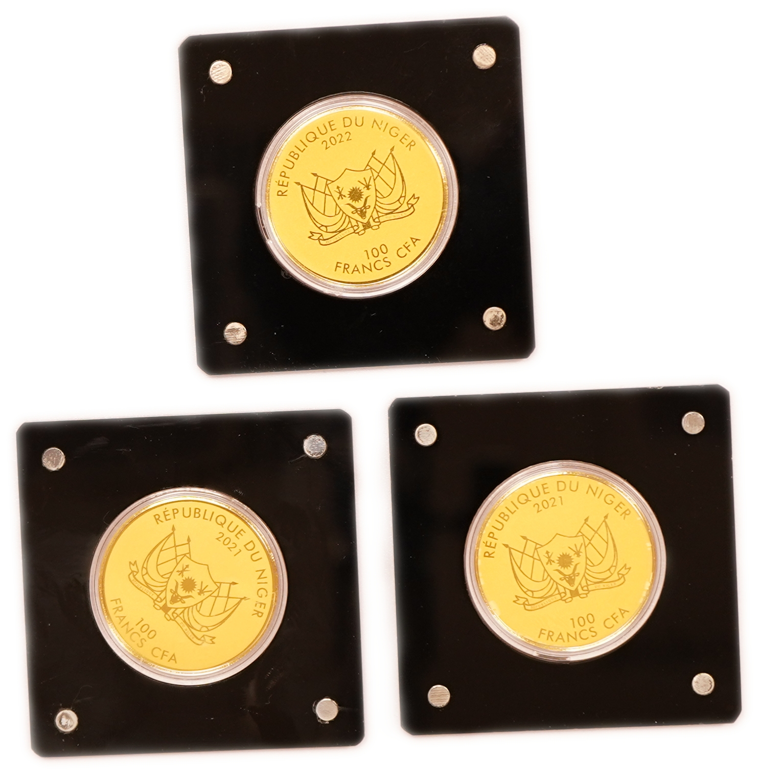 Niger - 100 Francs CFA 2021-2022 - Most Famous Gold Coins - Set of 3 Gold 999 Coins, 0.16g Each (approx. 0.48g Gold ... - 1 1