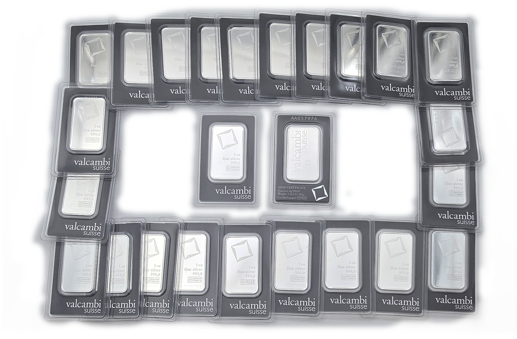 Bullion Bars - Switzerland - Group of 25 Valcambi Suisse Silver Bars, 1 Ounce Each - Silver 999, Total 25 oz ...