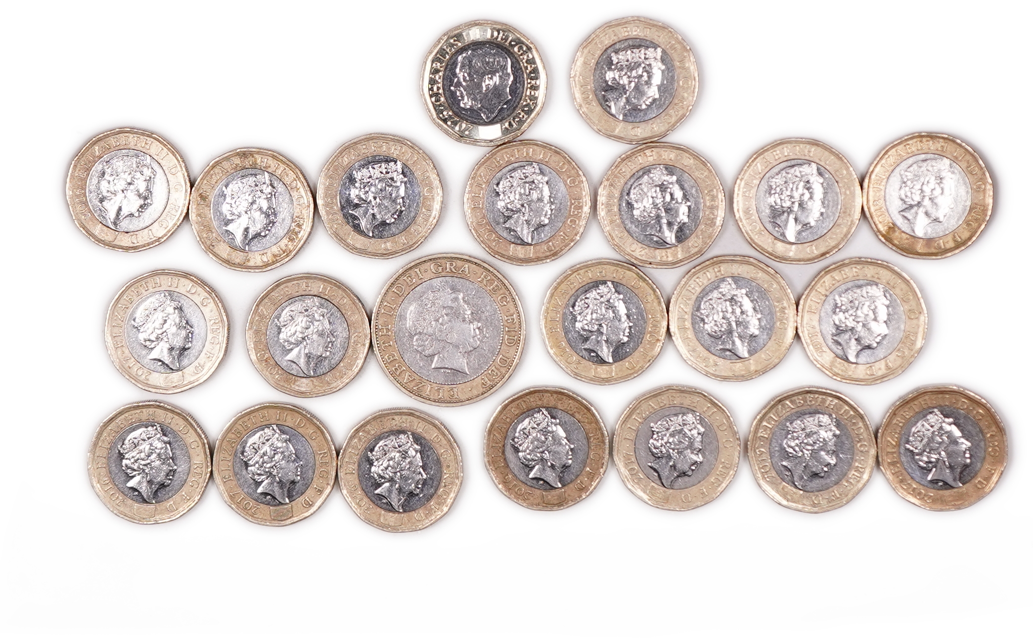Great Britain - Lot of 22 Coins: 21 One Pound Coins and One Two Pound Coin - Various Types and Years - 1 2